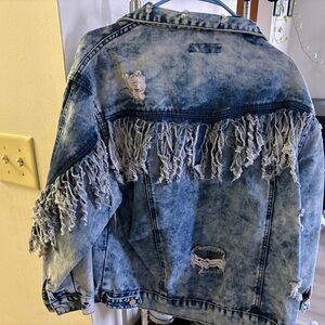 Fringed Acid Wash Denim Jacket - Light Blue